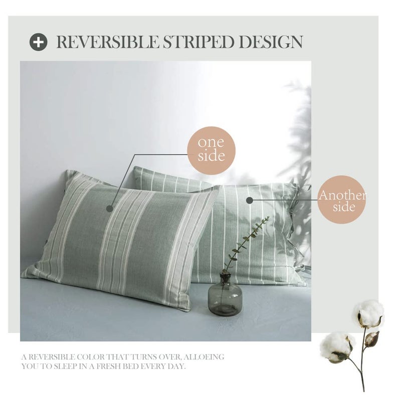 BISELINA Striped Duvet Cover Set 3pcs 100% Washed Cotton Linen Like Textured with Bowknot Bow Ties Strap Reversible Breathable Soft Comfy Chic Yarn Dyed Bedding (Queen, Grayish Green) - Image 4